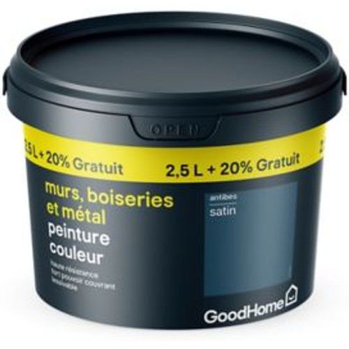 Peinture r?sistante murs boiseries et m?tal GoodHome bleu Antibes satin 2 5L +20%