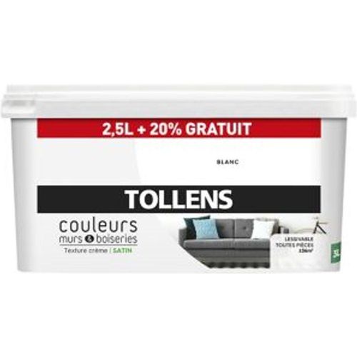 Peinture murs et boiseries Tollens blanc satin 2 5L +20% gratuit