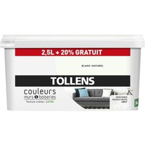 Peinture murs et boiseries Tollens blanc naturel satin 2 5L +20% gratuit