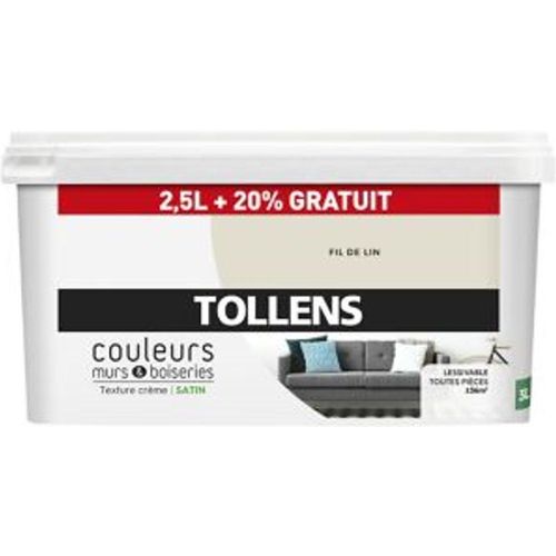 Peinture murs et boiseries Tollens fil de lin satin 2 5L +20% gratuit
