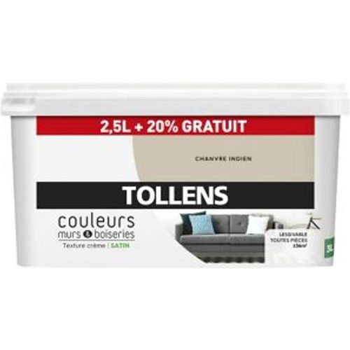 Peinture murs et boiseries Tollens chanvre indien satin 2 5L +20% gratuit