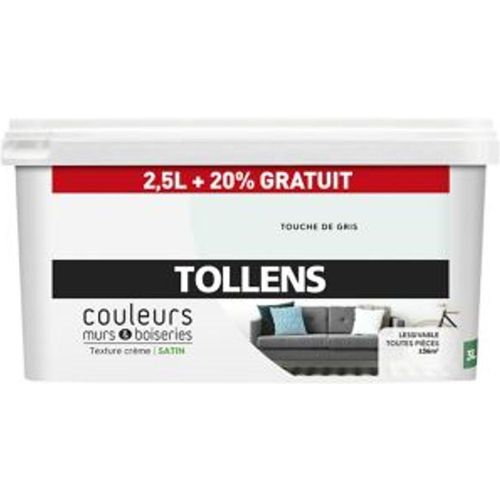 Peinture murs et boiseries Tollens touche de gris satin 2 5L +20% gratuit