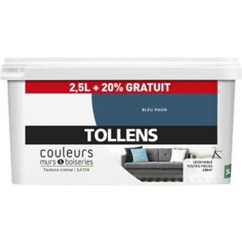 Peinture murs et boiseries Tollens bleu paon satin 2 5L +20% gratuit