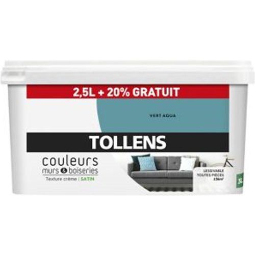 Peinture murs et boiseries Tollens vert aqua satin 2 5L +20% gratuit