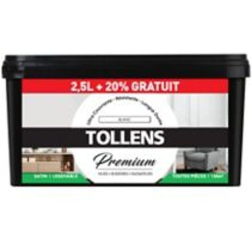 Peinture Tollens premium murs  boiseries et radiateurs blanc satin 2 5L +20% gratuit