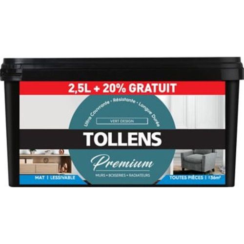 Peinture Tollens premium murs  boiseries et radiateurs vert bucolique satin 2 5L +20% gratuit