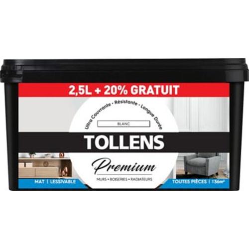 Peinture Tollens premium murs  boiseries et radiateurs Tollens blanc mat 2 5L +20% gratuit