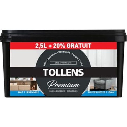 Peinture Tollens premium murs  boiseries et radiateurs gris anthracite mat 2 5L +20% gratuit