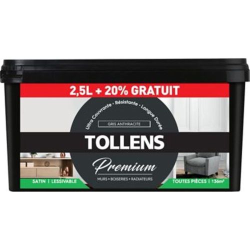 Peinture Tollens premium murs  boiseries et radiateurs gris anthracite satin 2 5L +20% gratuit