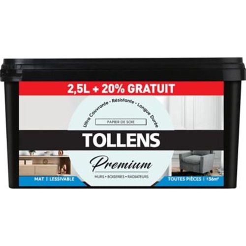 Peinture Tollens premium murs  boiseries et radiateurs papier de soie mat 2 5L +20% gratuit