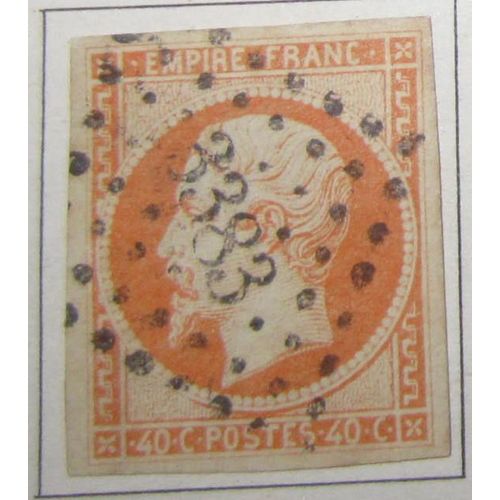 Timbre France 1853 Yvert Et Tellier N°16 Empire Français Napoléon Iii 40c Jaune-Orange Belles Marges Oblitération Losange Gros Chiffres