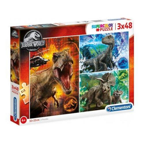 Set Avec 3 Puzzles De 48 Pieces Jurassic World : Dino T-Rex - Triceratops - Velociraptor - Dinosaure - Clementoni Puzzle Enfant