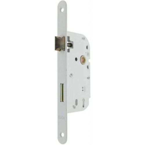 Serrure ? mortaiser p?ne dormant demi-tour pour porte de chambre  axe 50 mm  carr? de 7  coloris blanc. Bouts ronds.