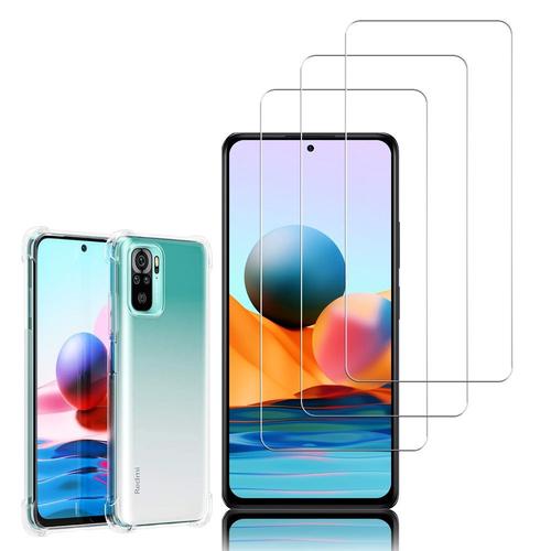 Coque Silicone Tpu Souple Pour Xiaomi Redmi Note 10/ Note 10s 6.43" Anti-Choc Ultra Résistant Avec Coins Renforcés - Transparent + 3 Films Verre Trempé - Transparent