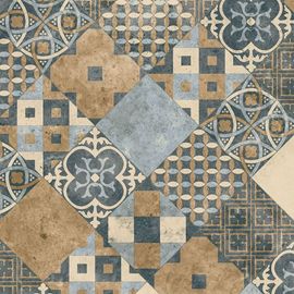 Sol PVC Best - Carreaux Art Déco - Terre de Sienne et Bleu Gris decoweb.com - 3 x 3m
