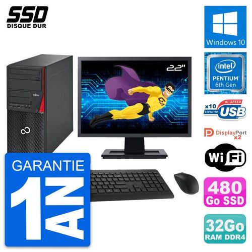PC Tour Fujitsu P756 Ecran 22" Pentium G4400 RAM 32Go SSD 480Go Windows 10 Wifi