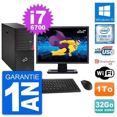 PC Tour Fujitsu P756 Ecran 22" Intel i7-6700 RAM 32Go Disque 1To Windows 10 Wifi