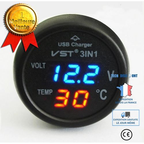 Td® Voltmètre Allume-Cigare Thermomètre Chargeur Usb Led Auto 12-24v-Chargeur Usb Avec Voltmètre Led Pour Voiture-Allume Cigar Led