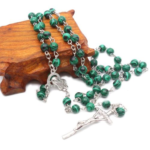 Pendentif Croix Malachite, Chapelet, Chaîne De Perles, Collier Religieux Chrétien, Breloque Pour Hommes J0pc