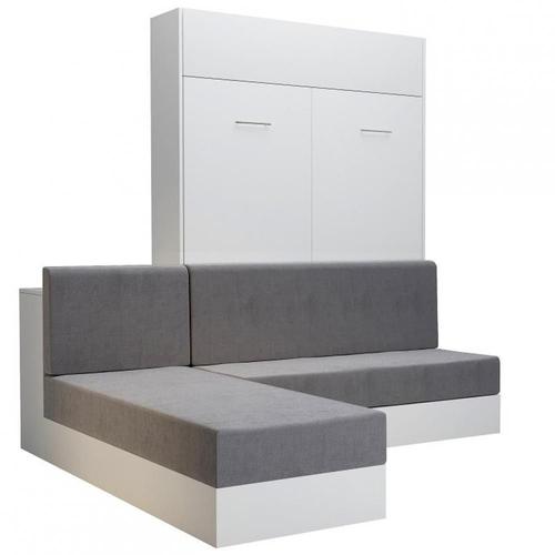 Lit Escamotable Dynamo Sofa Canapé Angle Méridienne Réversible Blanc Mat Tissu Gris 140*200 Cm