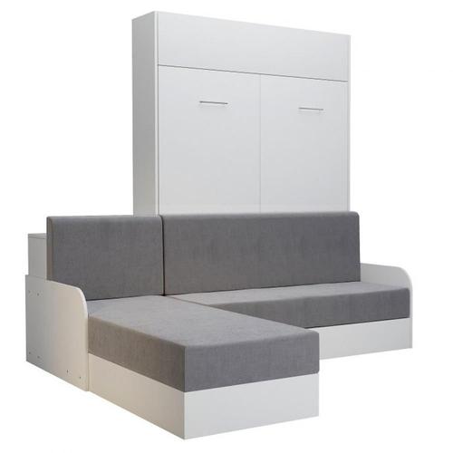 Lit Escamotable Dynamo Sofa Canapé Angle Méridienne Réversible Accoudoirs Blanc Tissu Gris 140*200 Cm