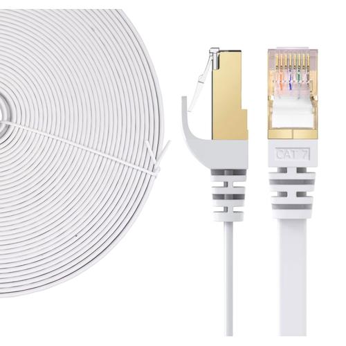 Elfcam® - Câble Réseau Ethernet RJ45, Cat 7 STP 100% Cuivre, Câble Plat, 32 AWG, Blanc (12M)