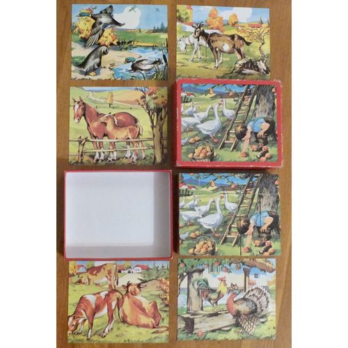 Jouet Ancien, Cubes Puzzle En Bois, 20 Cubes, 6 Puzzles Animaux De La Ferme   
