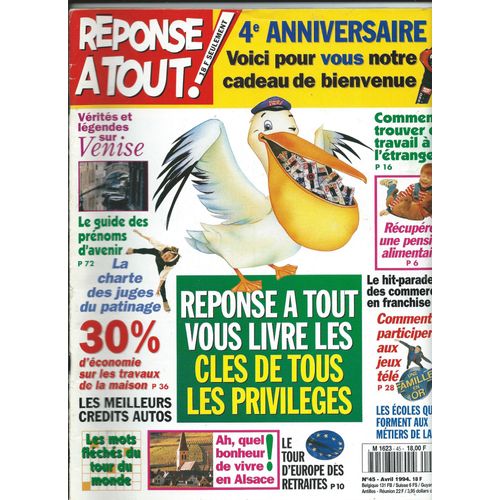 Réponse À Tout ! 04/1994 Des Écoles Pas Comme Les Autres, Ce Que Les Stars Font De Leur Argent : Depardieu, Delon, Elton John, Hallyday, Stallone, Smaïn, Patinage : Alain Calmat. Jean-Pierre  Beltoise