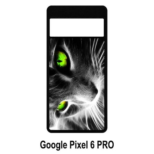 Coque Google Pixel 6 Pro - Chat Noir Et Blanc Yeux Vert - Silicone - Noir