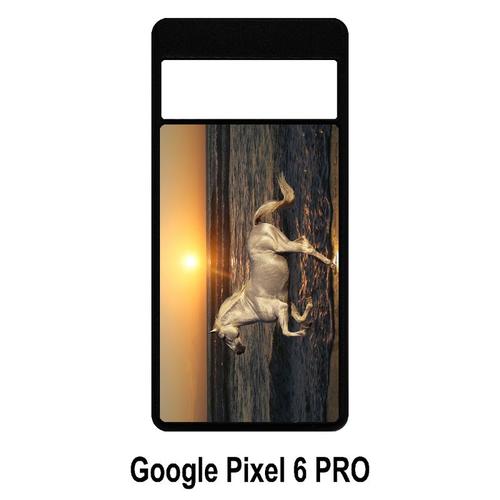 Coque Google Pixel 6 Pro - Cheval Blanc Couché De Soleil Sur La Plage - Silicone - Noir