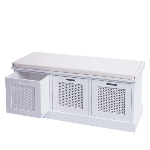 Banc Banquette En Bois De Paulownia Blanc Et Mdf Avec Coussin Blanc Boites De Rangement 47x110x40cm Ban04052