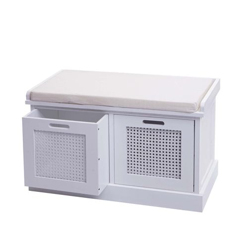 Banc Banquette En Bois De Paulownia Blanc Et Mdf Avec Coussin Blanc Boites De Rangement 47x75x40cm Ban04054