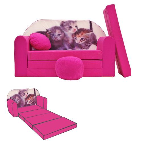 Nino Canapé Convertible Lit Pour Enfant Avec Pouf Et Coussin Oeko-Tex Chats Rose