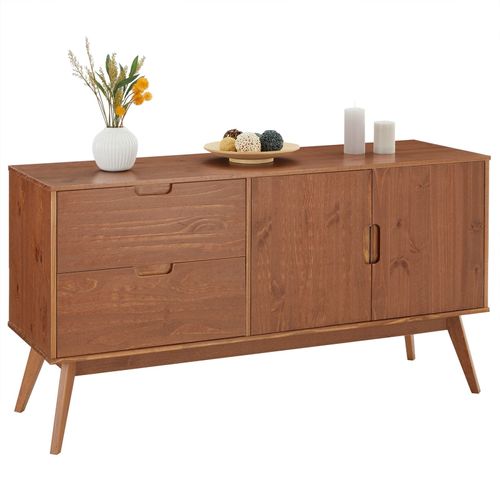 Buffet Tivoli Design Vintage Scandinave Nordique Commode Bahut Vaisselier 2 Tiroirs 2 Portes, Pin Massif Finition Brun Foncé