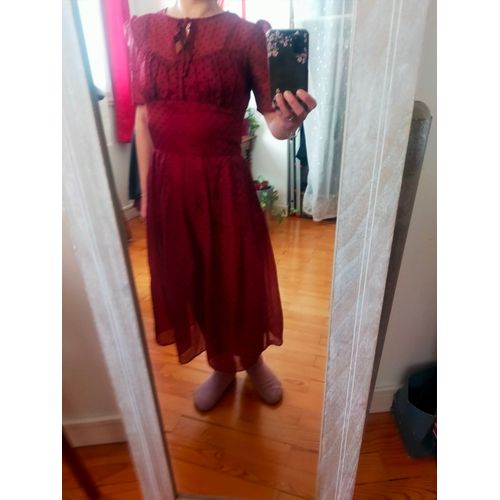 Robe Mi-Longue Hell Bunny Rétro En Voile Bordeaux À Pois Noirs Doublée Xs