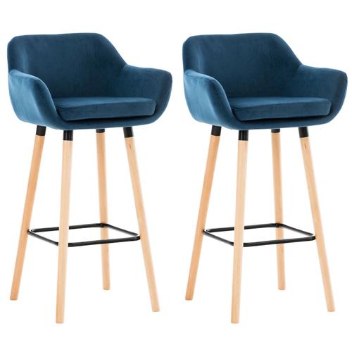 Lot De 2 Tabourets De Bar En Velours Bleu Pieds En Bois Avec Repose-Pieds Et Accoudoirs Style Rétro Moderne Tdb10283