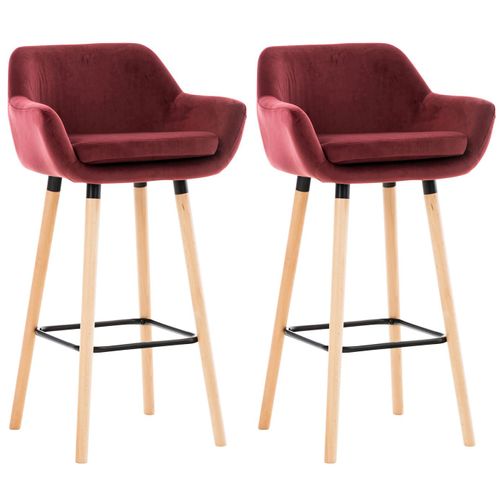 Lot De 2 Tabourets De Bar En Velours Rouge Pieds En Bois Avec Repose-Pieds Et Accoudoirs Style Rétro Moderne 10_0000689