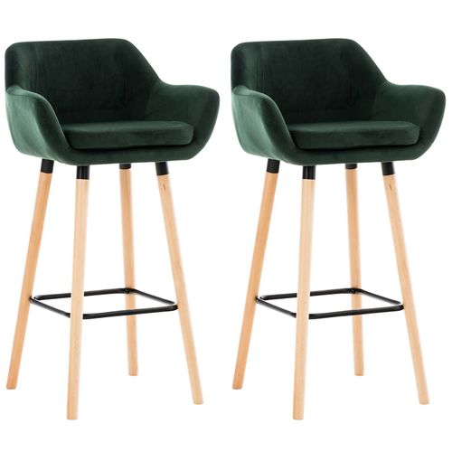 Lot De 2 Tabourets De Bar En Velours Vert Pieds En Bois Avec Repose-Pieds Et Accoudoirs Style Rétro Moderne 10_0000319