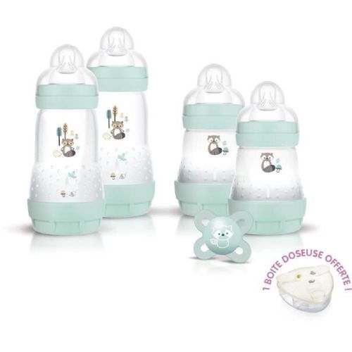 Mam Coffret Naissance Nature - Aqua - 4 Biberons + 1 Sucette + 1 Boite Doseuse