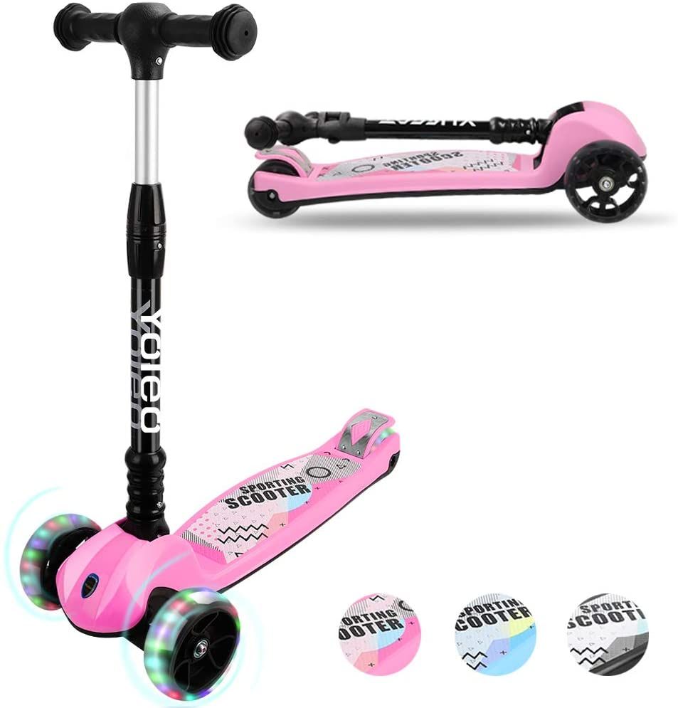 Yoleo Trottinette Enfants Rose -Trottinette Pliable 3 Roues Avec Led Roues - Patinette Réglable En Hauteur Solide Et Résistant