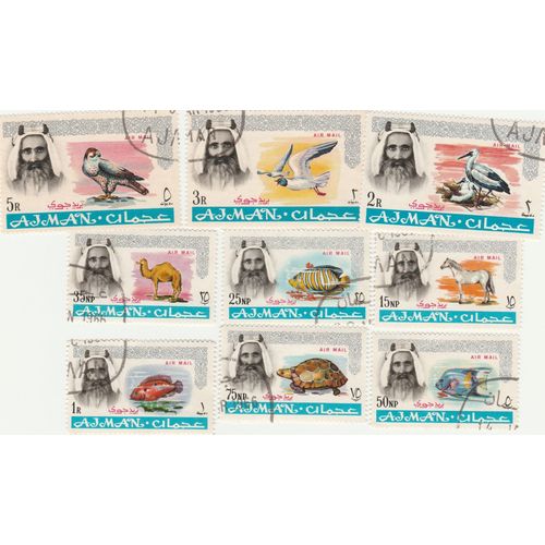 9 Timbres Oblitérés D'ajman - Cheikh Rashid Bin Hamaid El Naimi + Animaux