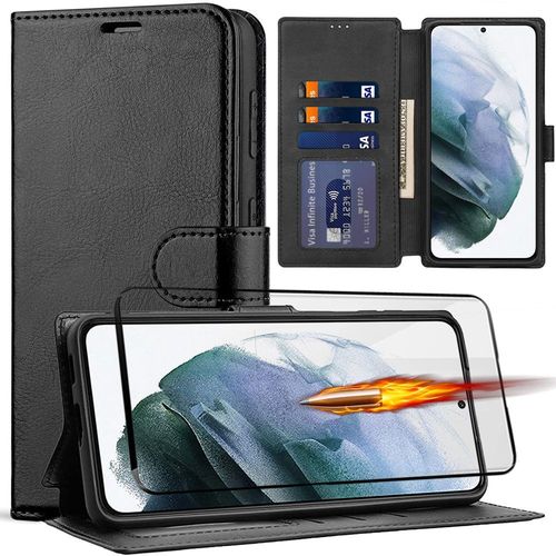 Pack Coque Pour Samsung Galaxy S22 Plus + Verre Trempe Integral 3d Portefeuille Effet Cuir Noir