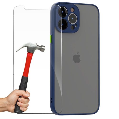 Pack Coque Pour Iphone 13 Pro Max (6.7) Protection Pc Silicone Bleu Marine + 1 Verre Trempe