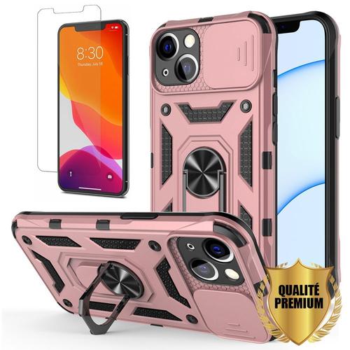 Coque Pour Iphone 13 Rose Slim Antichoc Avec Bague Rotatif 360¡ Anneau Support + 2 Pack Verre Trempe