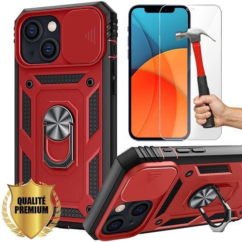 Coque Pour Iphone 13 (6.1 Pouces) + 2 Verres Trempes, Rouge Antichoc Avec Support Magnetique Car Mount