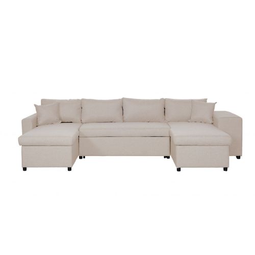 Canapé D'angle Panoramique Oslo Convertible Avec Coffres Et Poufs En Tissu - Beige, Position Du Rangement Poufs - Droit