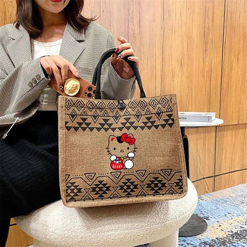 Sac à main de grande capacité pour femmes, sac de shopping à bandoulière, sac de plage d'été, fourre-tout en coton et lin, Anime Hello Kitty SHB18954