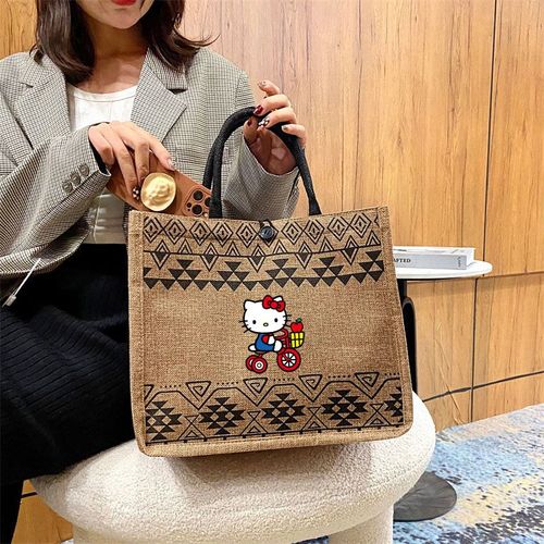 Sac à main de grande capacité pour femmes, sac de shopping à bandoulière, sac de plage d'été, fourre-tout en coton et lin, Anime Hello Kitty SHB18952