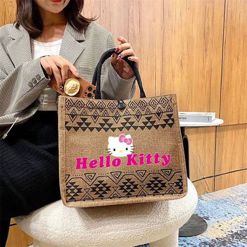 Sac à main de grande capacité pour femmes, sac de shopping à bandoulière, sac de plage d'été, fourre-tout en coton et lin, Anime Hello Kitty SHB18968