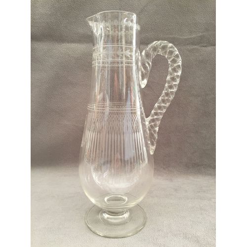 Ancien Pichet Broc Aiguière Cristal Gravé A L'acide Guilloché Art Baccarat 